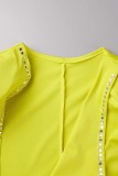 Yellow Sexy Solid Patchwork See-through Hot Drill V Neck Long Sleeve Two Pieces
