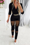 Black Silver Sexy Solid Patchwork V Neck Regular Jumpsuits