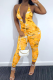 Yellow Sexy Print Patchwork V Neck Skinny Jumpsuits