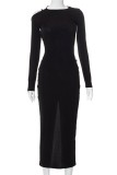 Black Sexy Solid Backless Slit Asymmetrical O Neck Long Sleeve Dresses
