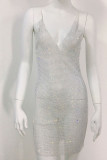 White Sexy Solid See-through Rhinestone Spaghetti Strap One Step Skirt Dresses