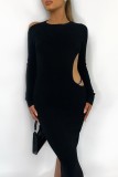 Black Sexy Solid Backless Slit Asymmetrical O Neck Long Sleeve Dresses