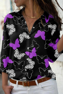 Purple Casual Butterfly Print Basic Shirt Collar Tops