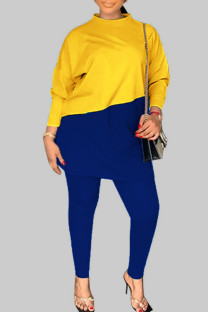 Yellow Blue Casual Solid Patchwork Slit O Neck Plus Size Two Pieces