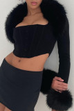 Black Street Solid Patchwork Feathers Asymmetrical Outerwear