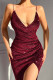 Burgundy Sexy Solid Patchwork Slit Spaghetti Strap Sling Dress Dresses