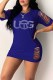 Blue Street Letter Hot Drill O Neck One Step Skirt Dresses