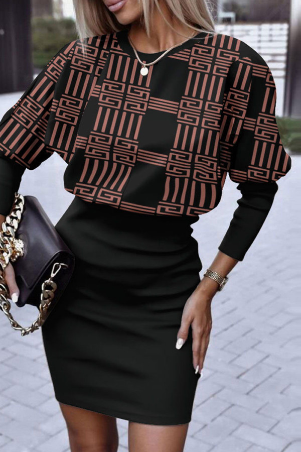 Black Casual Print Patchwork O Neck Long Sleeve Dresses