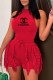 Red Street Print Tassel Letter O Neck Sleeveless Two Pieces