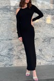 Black Sexy Solid Backless Slit Asymmetrical O Neck Long Sleeve Dresses