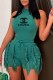 Green Street Print Tassel Letter O Neck Sleeveless Two Pieces