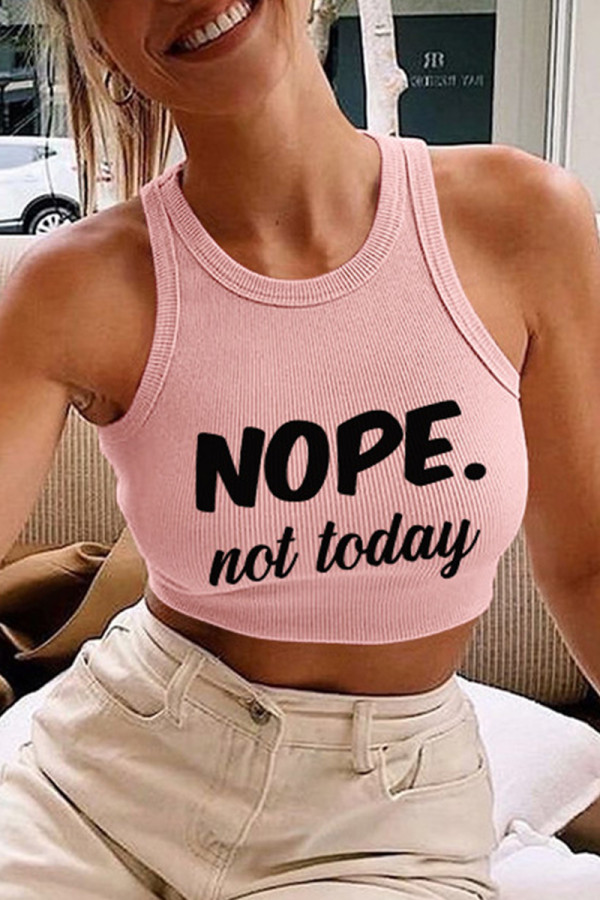 Light Pink Casual Letter Print Basic O Neck Tops