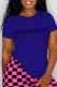 Navy Blue Casual Street Print Patchwork Letter O Neck T-Shirts