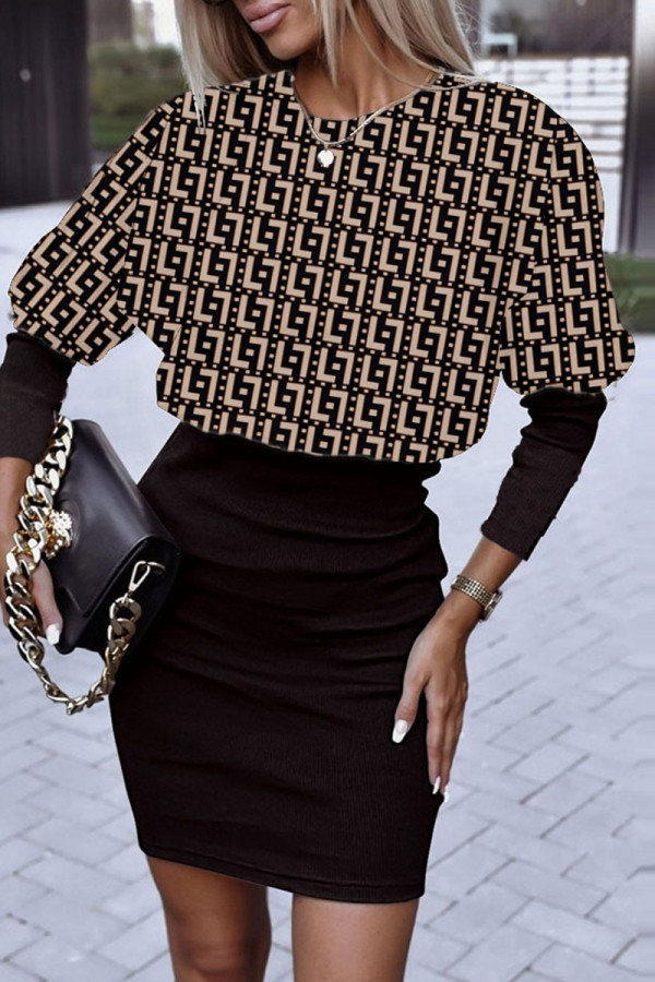 Khaki Casual Print Patchwork O Neck Long Sleeve Dresses