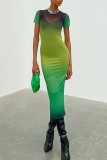 Green Sexy Gradual Change Print See-through O Neck Short Sleeve Dress Dresses