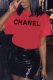 Red Street Basis Print Patchwork Letter O Neck T-Shirts