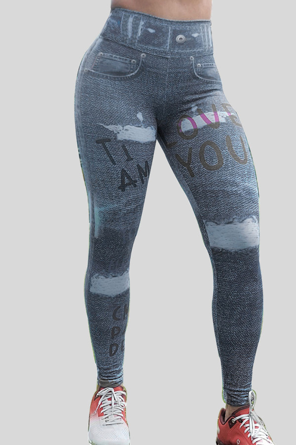 Dark Blue Gray Casual Sportswear Print Patchwork