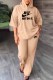 Khaki Casual Print Letter Hooded Collar Three Quarter Two Pieces