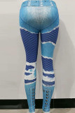 Blue Casual Street Print Patchwork Skinny High Waist Pencil Positioning Print Bottoms