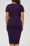 Purple Casual Solid Patchwork V Neck Short Sleeve Dress Plus Size Dresses