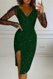 Deep Blue Sexy Patchwork Sequins See-through V Neck Long Sleeve Dresses