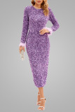 Purple Sexy Elegant Solid Sequins Patchwork Feathers O Neck One Step Skirt Dresses