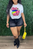 White Street Vintage Print Patchwork Letter O Neck T-Shirts