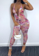 Pink Sexy Print Patchwork V Neck Skinny Jumpsuits