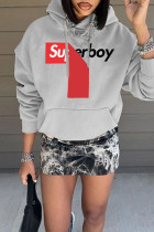Grey Casual Street Print Patchwork Hooded Collar Tops
