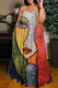 Orange Gray Casual Street Print Patchwork Spaghetti Strap Sling Dress Dresses