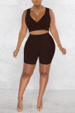 Dark Brown Casual Solid Basic V Neck Sleeveless Two Pieces