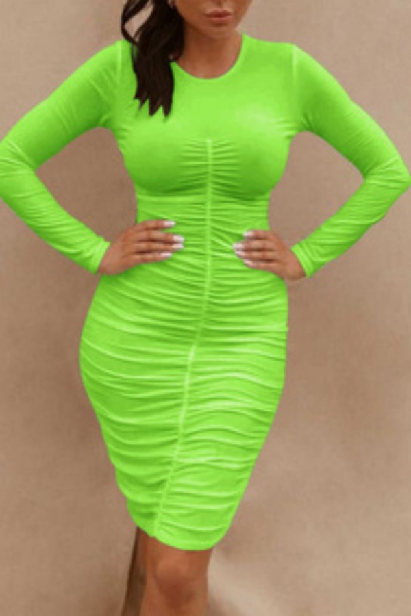 Fluorescent Green Casual Solid Fold O Neck Long Sleeve Dresses