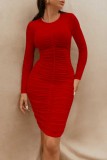 Pink Casual Solid Fold O Neck Long Sleeve Dresses