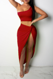 Red Sexy Solid Patchwork One Shoulder Sleeveless Two Pieces