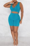 Lake Blue Casual Solid Basic V Neck Sleeveless Two Pieces