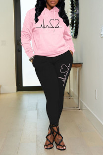 Pink Casual Print Patchwork Hooded Collar Long Sleeve Two Pieces