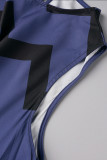 Gray Blue Daily Party Print Slit O Neck A Line Dresses
