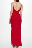 Red Sexy Solid Backless Slit Spaghetti Strap Long Dress Dresses