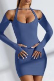 Grey Sexy Casual Solid Hollowed Out Halter Long Sleeve Dresses