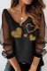 Gold Casual Print Patchwork See-through V Neck Tops