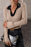 Khaki Casual Solid Patchwork V Neck Tops