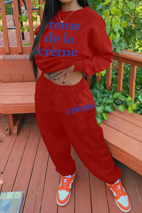 Red Casual Print Patchwork O Neck Long Sleeve Two Pieces
