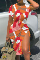 Orange Red Casual Print Slit O Neck Short Sleeve Dress
