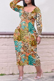 Yellow Casual Print Patchwork O Neck Straight Dresses