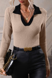 Brown Casual Solid Patchwork V Neck Tops