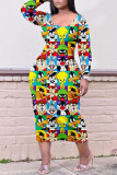 Multicolor Casual Print Patchwork O Neck Straight Dresses
