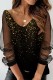 Black Apricot Casual Print Patchwork See-through V Neck Tops