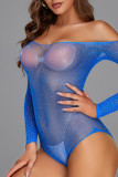 Blue Sexy Solid Rhinestone Hollowed Out Patchwork See-through Valentines Day Lingerie