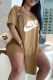 Khaki Casual Print Letter V Neck Short Sleeve Two Pieces