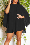 Black Sweet Solid Patchwork Fold O Neck A Line Dresses